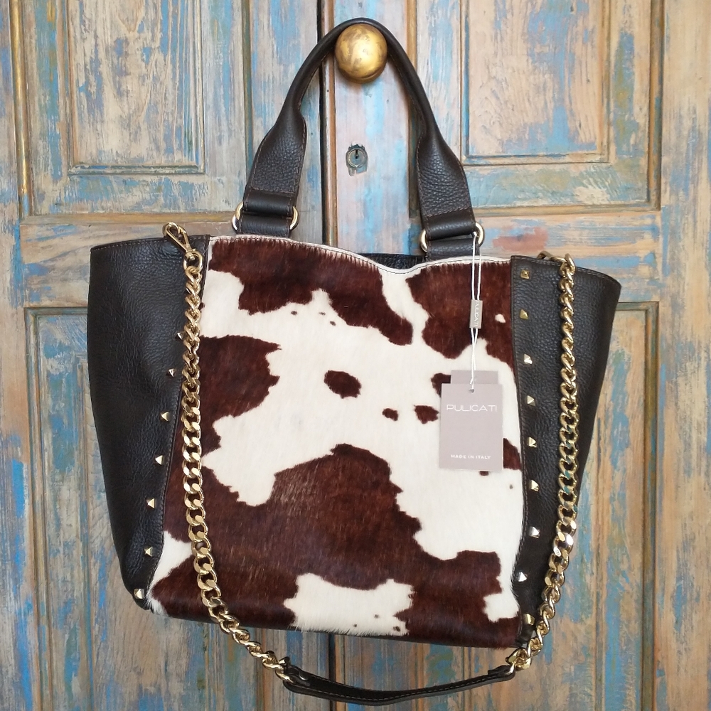 NWT! Pulicati calf hair & brown leather soft slouchy tote, studs, chain strap